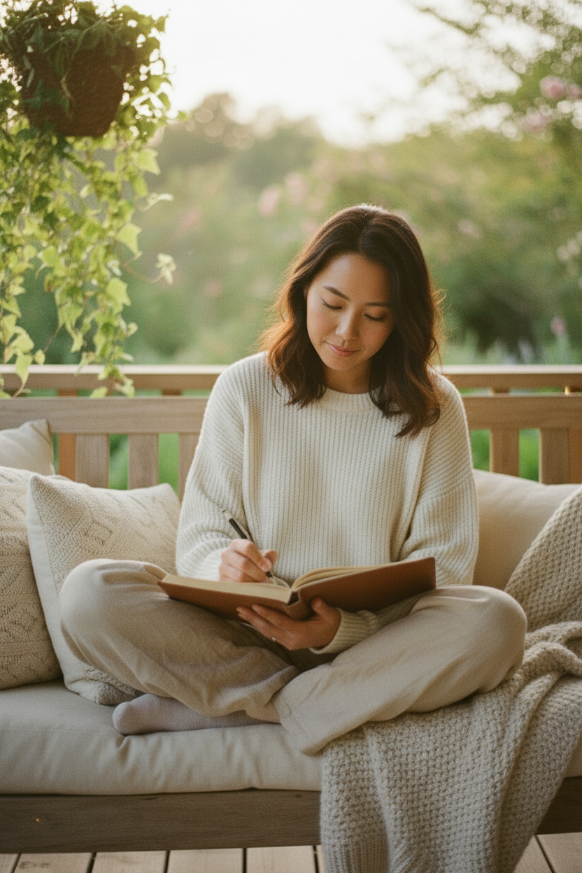 Asian woman writing in journal, closer crop