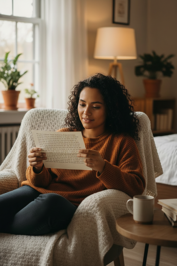 Biracial woman reading a typed letter
