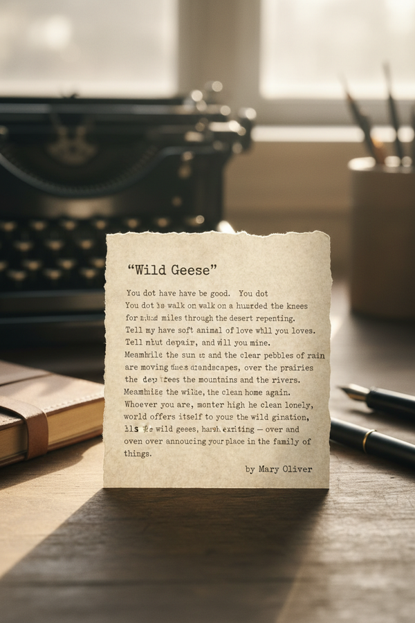 Mary Oliver Poem in Typewriter Font on Ivory Deckled-Edge Paper